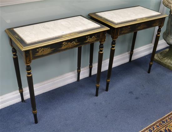 A pair of black and gilt chinoiserie lacquered marble topped console tables W: 77cm